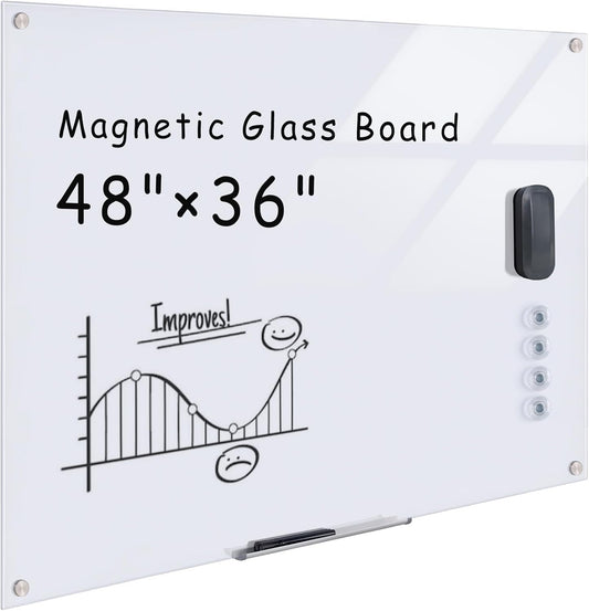 Magnetic Glass Whiteboard，48"x36" Wall Mounted Frameless Dry Erase Board for Office, Home & School Ultra White