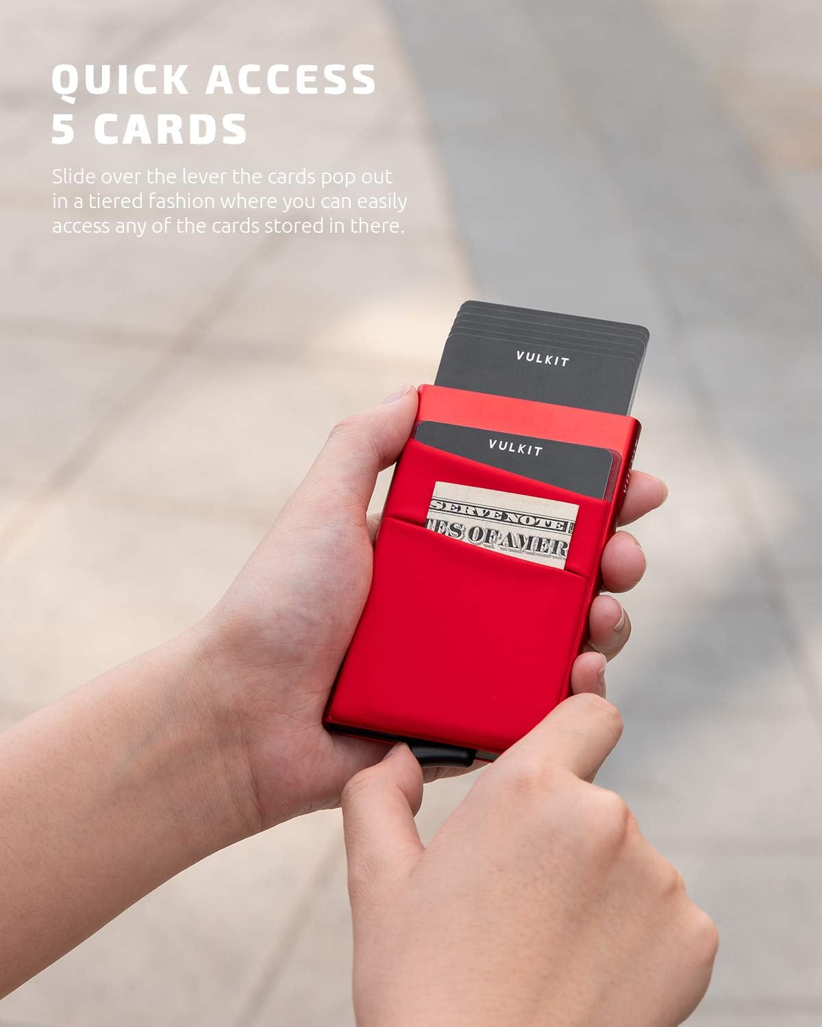 VULKIT Card Holder with Money Pocket Pop Up Wallet RFID Blocking Slim Metal Bank Card Case Holds 5 Cards and Notes