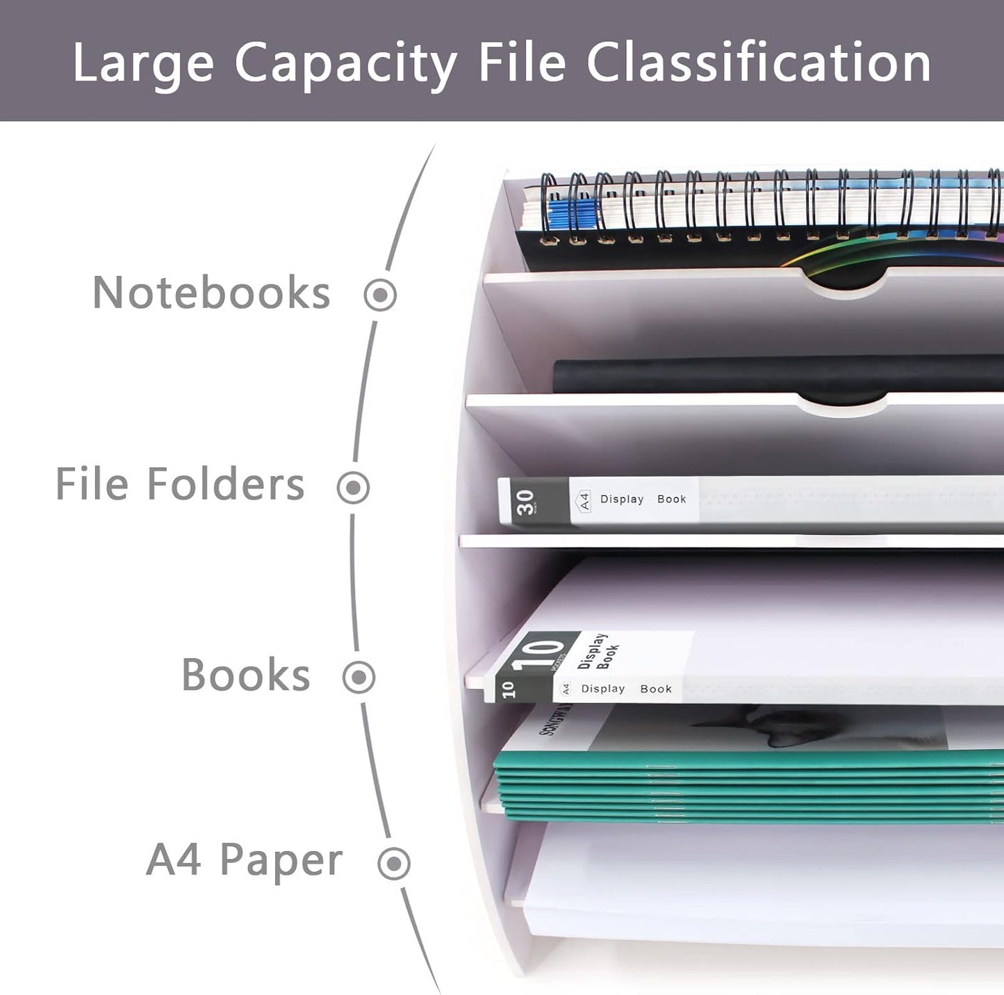 SONGWAY Fan Shaped Desk File Organizer - 6 Compartments File Holder for Desktop, Magazine Rack, Mail Holder, File Sorter, Paper Organizer for Home Office Classroom, White