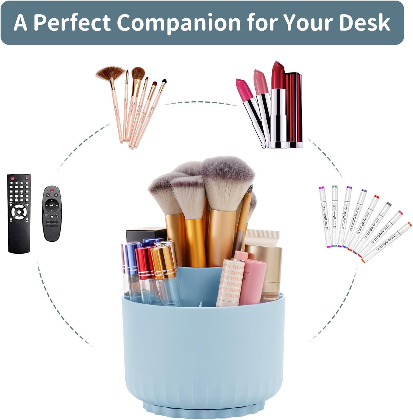 Marbrasse Desk Organizer, 360-Degree Rotating Pen Pencil Holder, Desk Organizers and Accessories with 5 Compartments Pencil Organizer, Art Supply Storage Box Caddy for Office, Home(Blue)