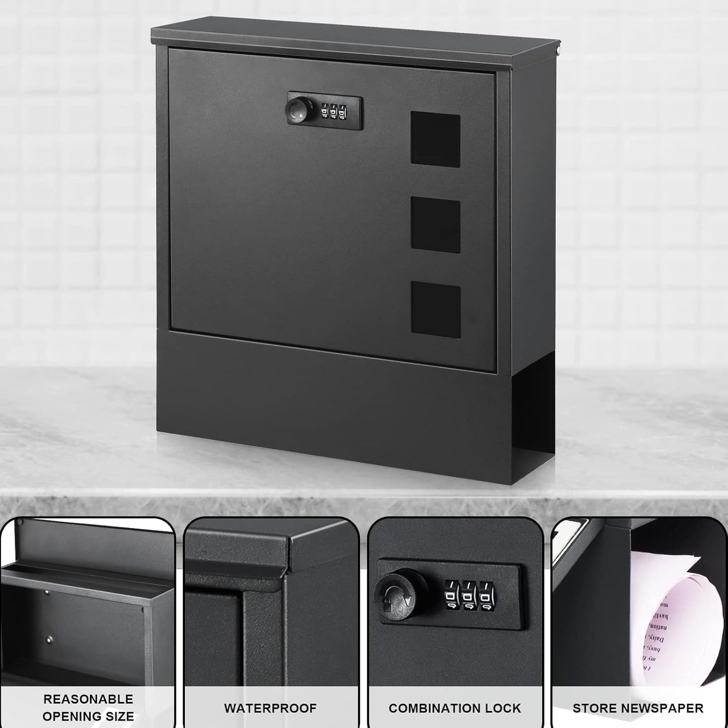 xydled Mailbox with Combination Lock,Large Capacity Wall Mounted Locking Security Mailbox,Large Mail Box with Newspaper Compartment, Black,12.8x11.8x3.3 Inch