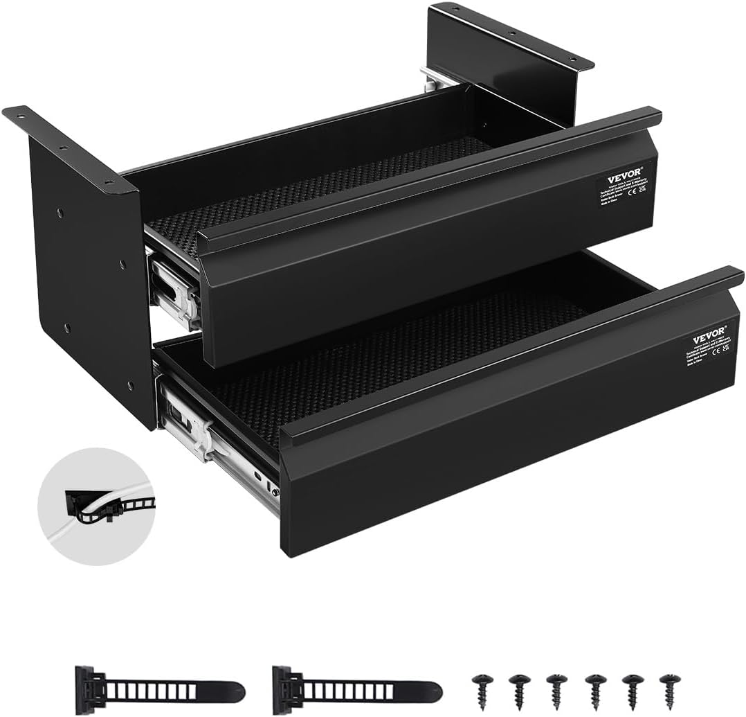 VEVOR Under Desk 2 Layer Slide Out Drawer, 16 inch Under Desk Pull-out Drawer for Home Office Sit Stand Workstation, Black