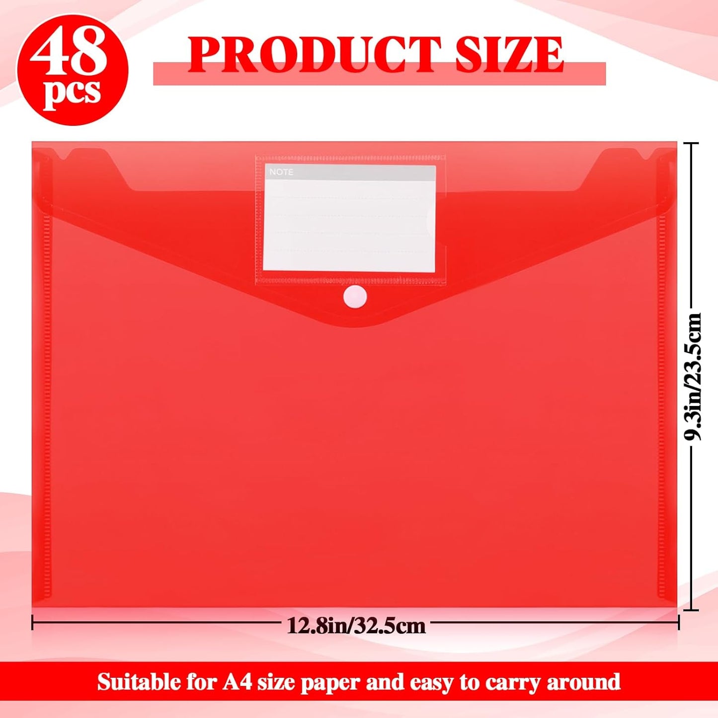 Lincia Plastic Envelopes A4 Size Poly Envelopes File Folders Work Document Holder Office Paper Plastic File Organizer with Label Pocket Snap Button Home Bag for School (Clear Red,48 Pcs)