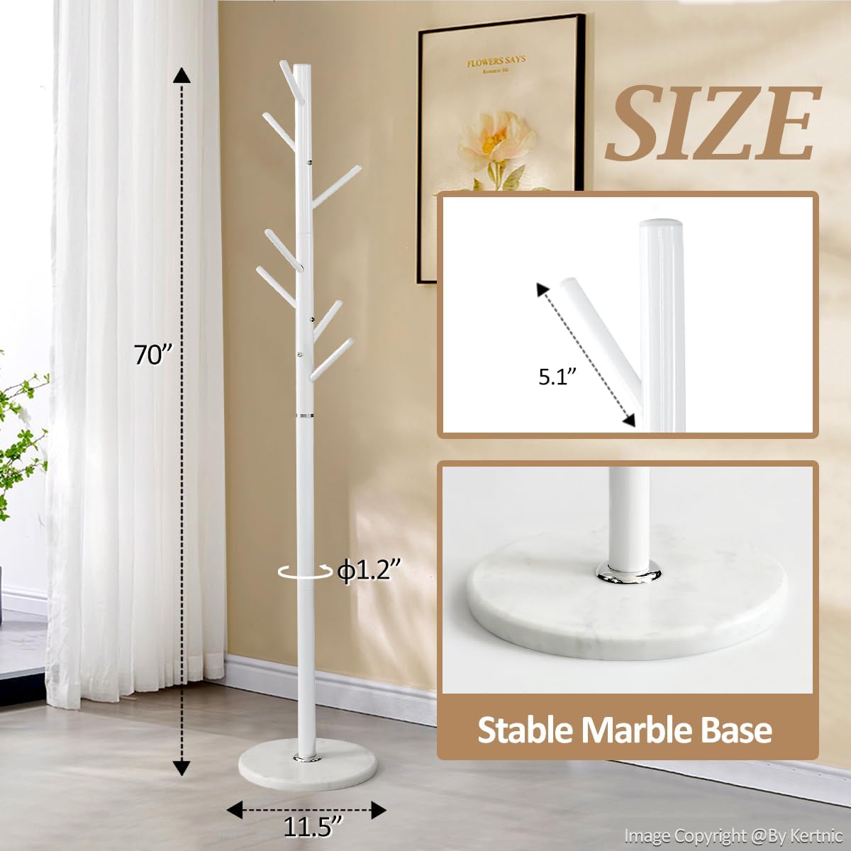 Kertnic Modern Coat Rack Freestanding with Natural Marble Base & Sturdy Metal Frame, 7 Hooks Hall Tree for Jackets, Hats, Bags, Entryway Organizer for Bedroom, Living Room, Closet (7 hooks-White)