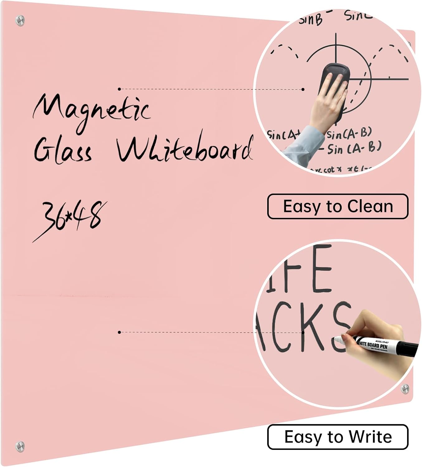 Magnetic Glass Dry Erase Board - White Board 48 x 36 Inch Wall Mounted Glass Whiteboard, Large Frameless Glass White Board for Wall Office, Home & School, Pink