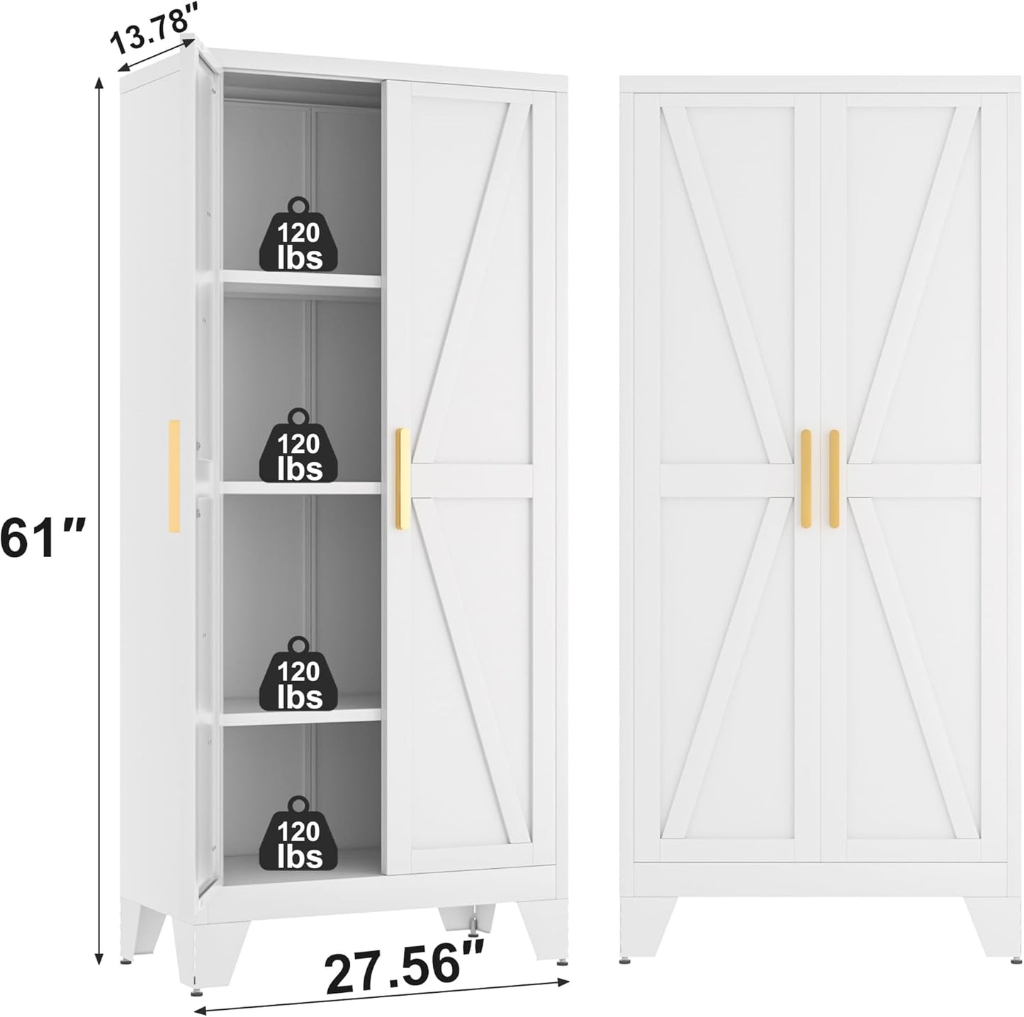 61H Metal Storage Cabinet with 2 Doors and 5 Shelves,Farmhouse Storage Cabinet with Barn Doors,Pantry Storage for Home,Office,Bathroom,Dining Room,Kitchen(White)
