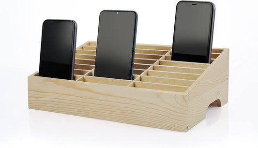 24-Grid Wooden Cell Phone Holder Desktop Organizer Storage Box for Classroom Office (24-Grid)