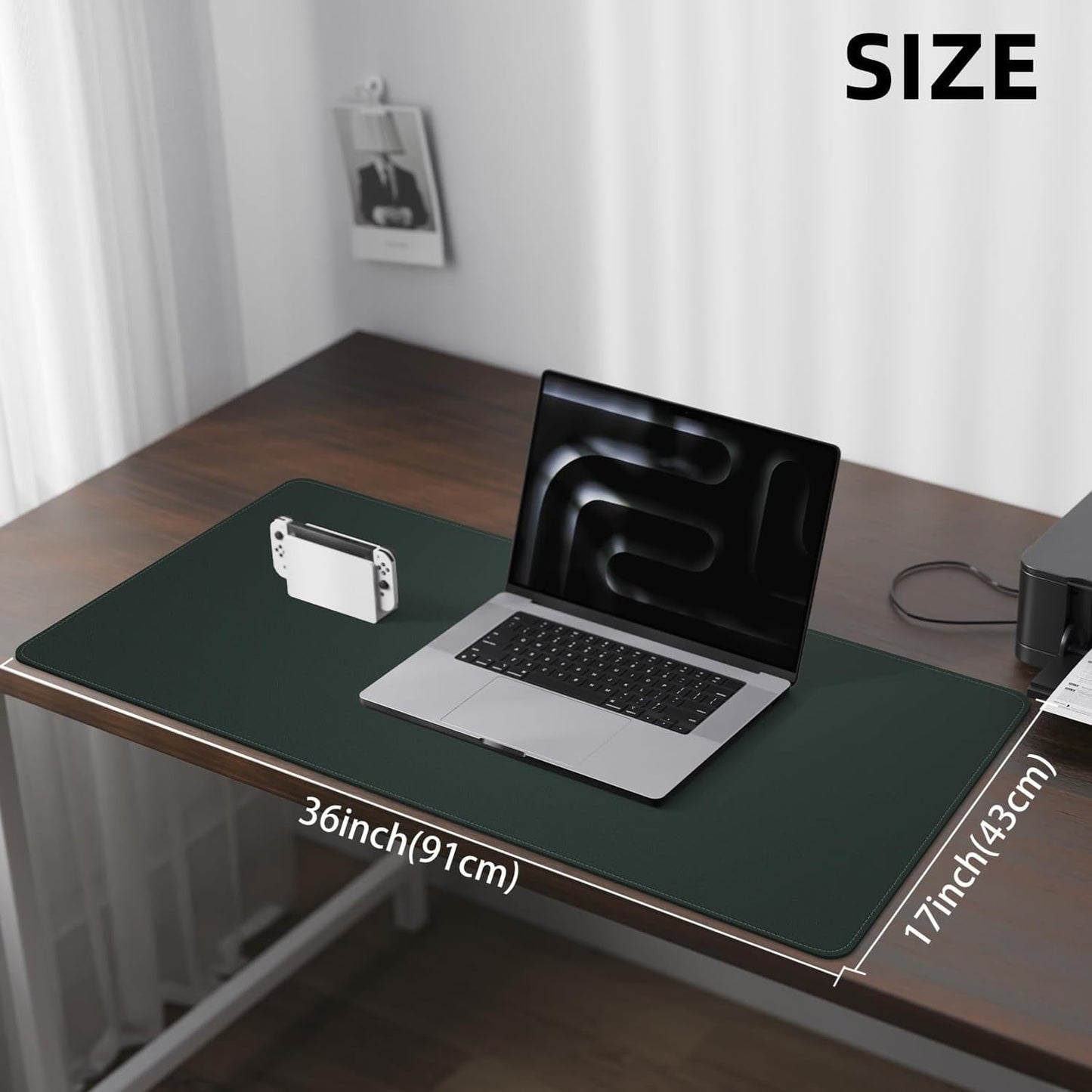 Leather Desk Pad Protector Large Mouse Pad, Stitched Locking Edge Laptop Computer Desk Mat Blotter, Non-Slip Waterproof Durable Writing Pad for Office and Home (Dark Green, 80 x 40cm)