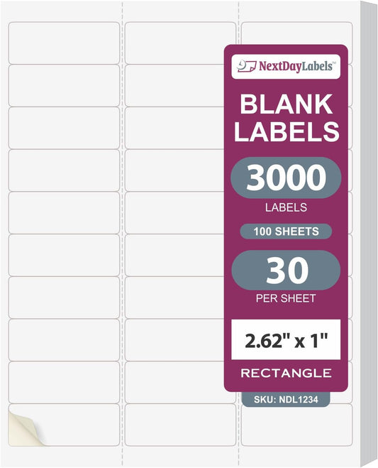 NextDayLabels - 2.5/8" x 1" Rectangular Sticker Labels for Printer - White Laser/Inkjet Printer Labels Return Address Labels Shipping Label Stickers (100 Sheets, 30 Per Sheet, 3000 Labels)
