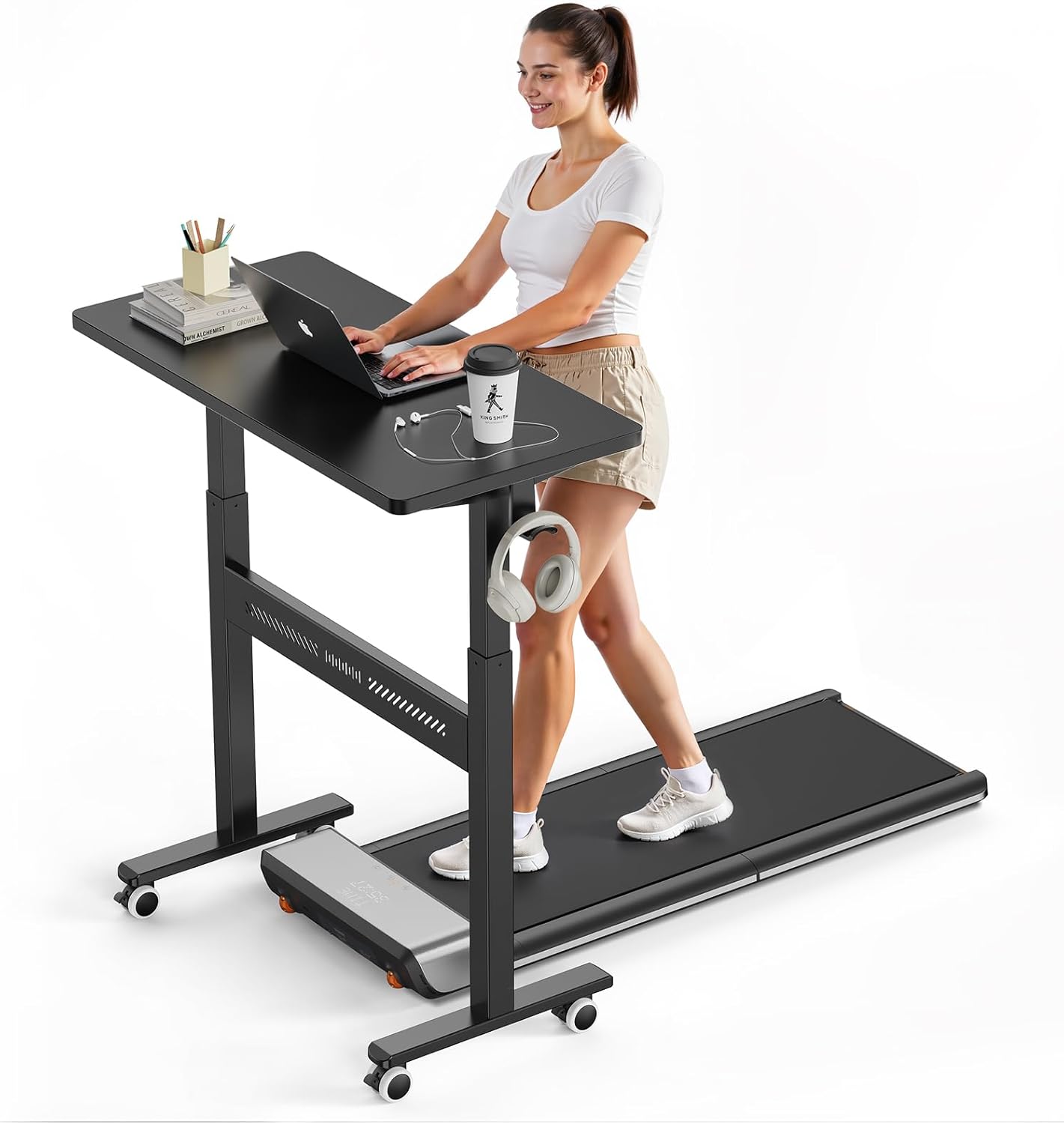 Mobile Walking Pad Desk with Wheels, Pneumatic Small Rolling Standing Desk Riser Height Adjustable (28-43.7") for Treadmill, Portable Computer Table for Home Office, Black
