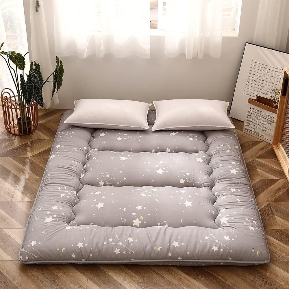 Grey Constellation Japanese Floor Futon Mattress, Tatami Floor Mat Portable Camping Mattress Kids Sleeping Pad Foldable Roll Up Floor Lounger Couch Bed with Mattress Protector Queen Size
