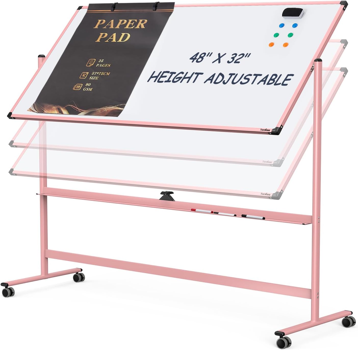 Mobile Whiteboard, 48x32 Inches Dry Erase Board with Stand, Large Rolling Whiteboard on Wheels, Standing White Board for Office, School, Home, Magnetic Double Sided White Board with Paper Pad