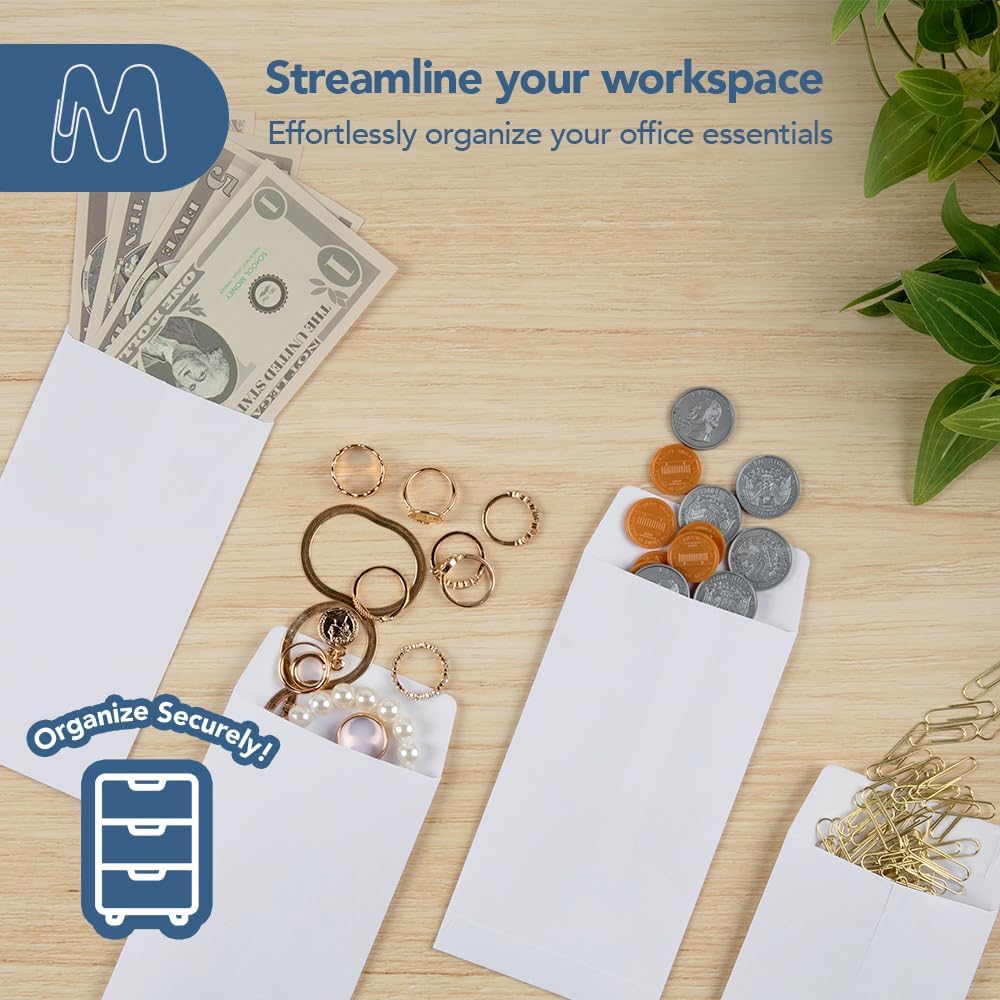MOS #7 White Coin Envelopes 3.5 x 6.5 Inch 120 Pack — Self-Seal Money Envelopes for Cash, Budgeting, Savings Challenges, Seed Storage, Small Parts