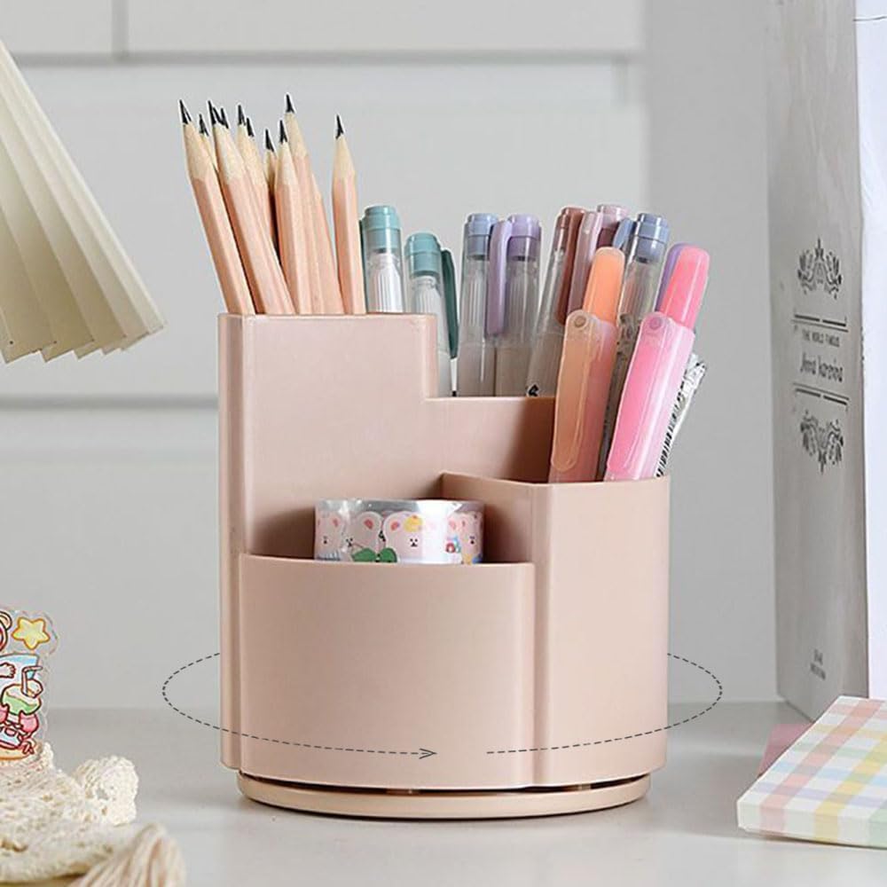 OWLFAVO Desk Pencil Pen Holder, 4 slots 360-Degree Spinning Desk Organizers, Rotating Desktop Storage Stationery Supplies for School, Home, Office, Kitchen, Makeup Brush, Dusty Pink
