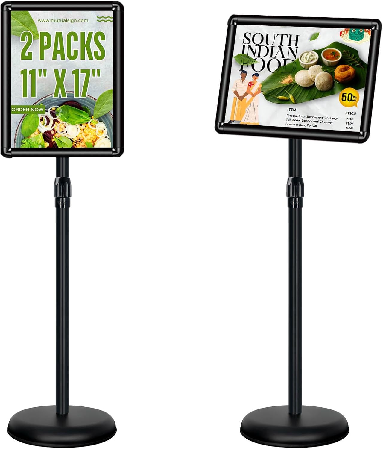 Poster Stand Holder Adjustable Pedestal Floor Standing Sign Holder Vertical and Horizontal View Sign Display, Aluminum Snap Open Frame with Safety Corner (2P-Black-11x17)