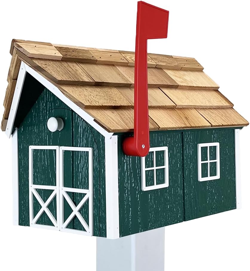 Peaceful Classics Amish Cedar Roof Wooden Mailbox with Window & Door Trim, Handcrafted Mailboxes for Outside, Post Mount Residential Mailboxes - (Green & White, Wood)
