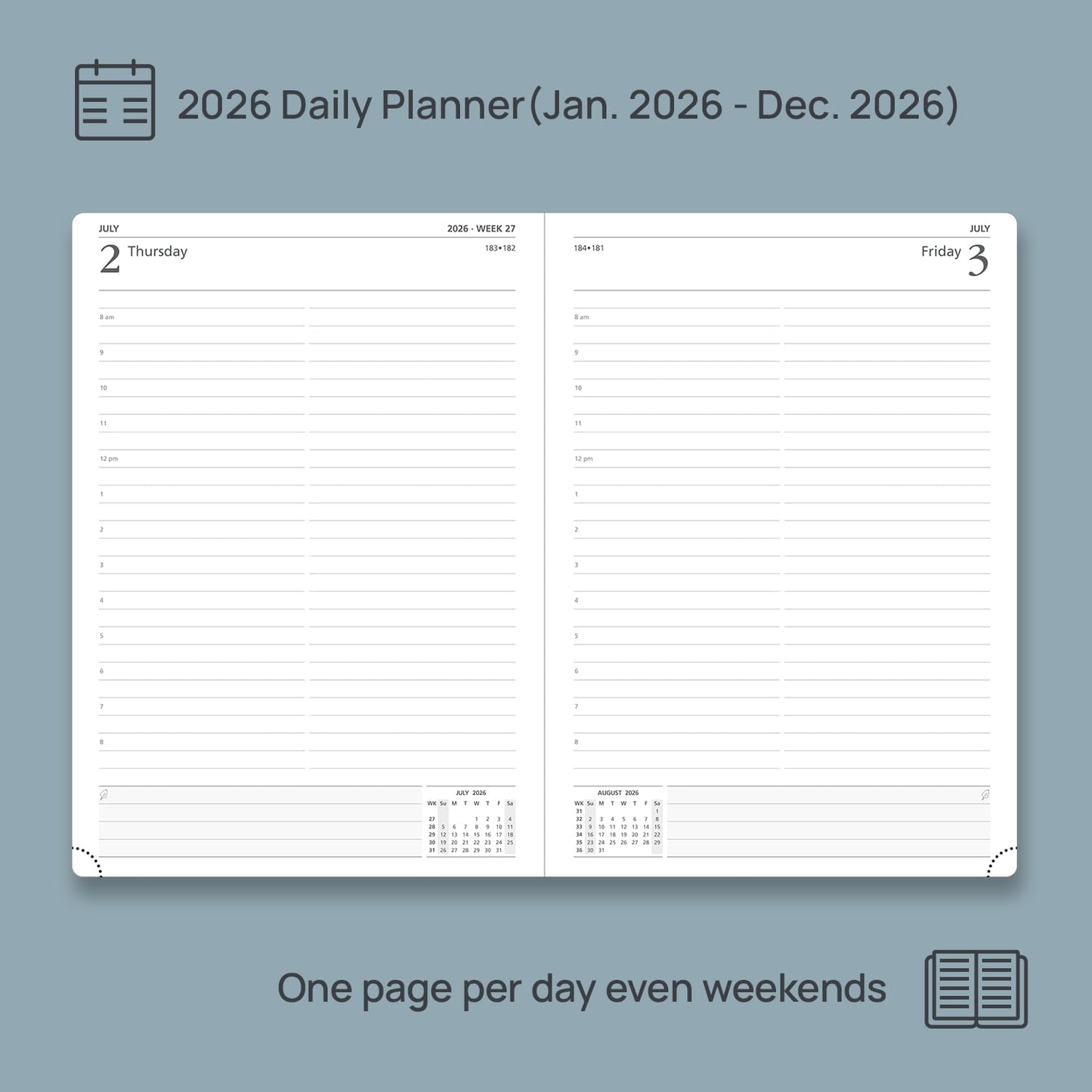 POPRUN 2026 Daily Planner One Page Per Day Even Weekends A4 Large Size (8.5" x 12") - 12 Months Calendar Hourly Appointment Book with Inner Pocket, Pen Holder, Hardcover - Light Pink