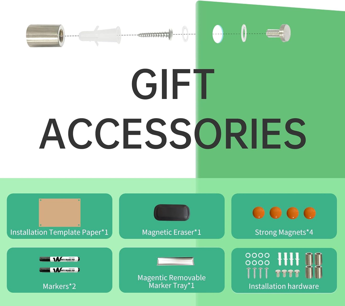 Magnetic Glass Dry Erase Board - White Board 48 x 36 Inch Wall Mounted Glass Whiteboard, Large Frameless Glass White Board for Wall Office, Home & School, Green