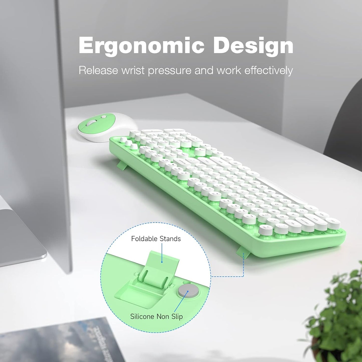 MOFII Wireless Keyboard and Mouse Combo, Computer Full Size 2.4G Plug and Play Wireless Typewriter Retro Round Keyboard and Mouse Set for Windows, Computer, Desktop, PC, Notebook - (Light Green)