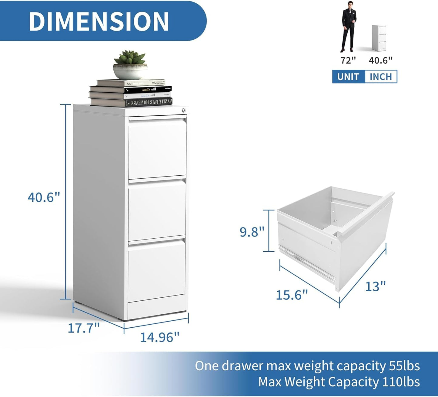 3 Drawer File Cabinet with Lock,Metal Vertical Filing Cabinets for Home Office,Heavy Duty File Storage Cabinet for Letter/Legal/A4/F4 Size File,Assembly Require (White, Vertical 3 Drawer)