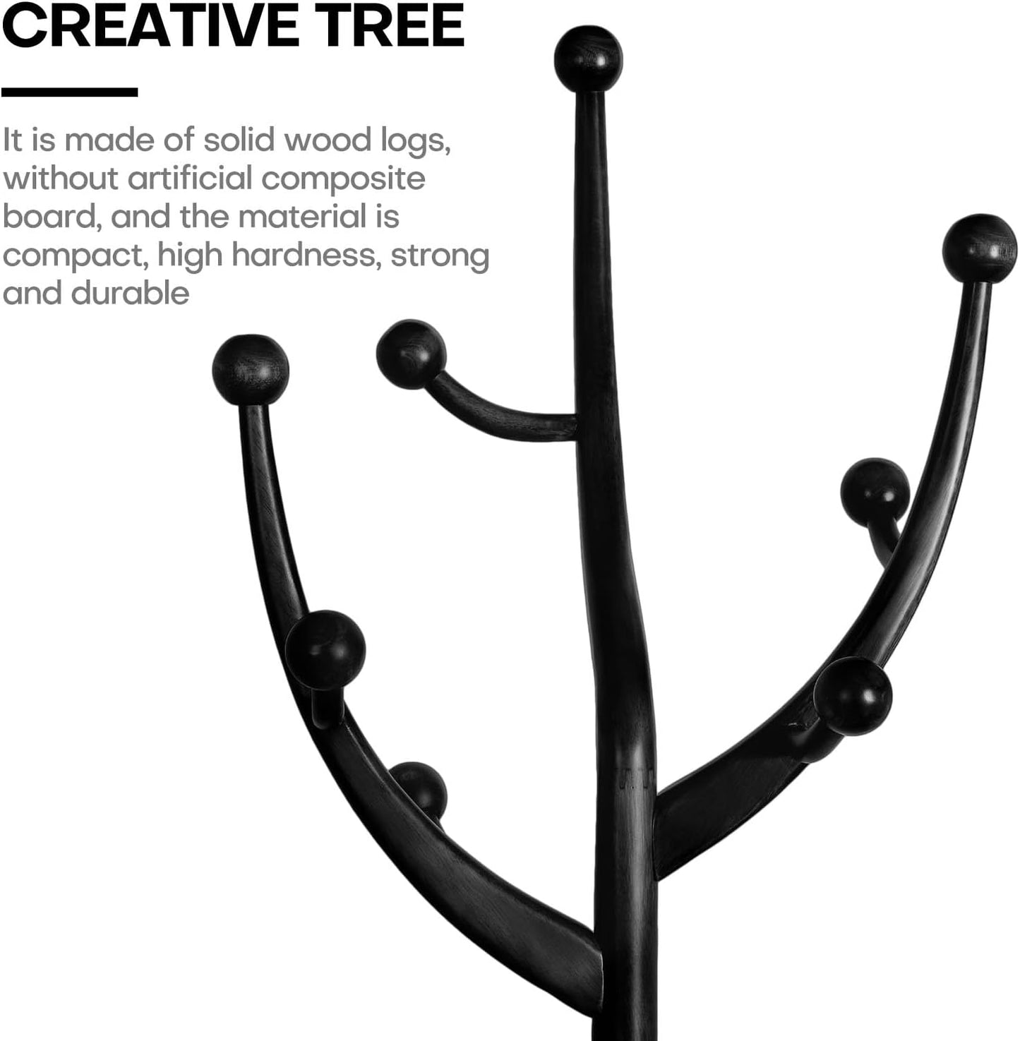 Heavy Duty Coat Rack Freestanding Wood Tree Rack with 8 Hooks, Unique Design Tree Branch-look, Premium Coat Tree Clothes Hanger Stand with Sphere Base for Entryway, Hallway, Bedroom-Load 160lbs Black