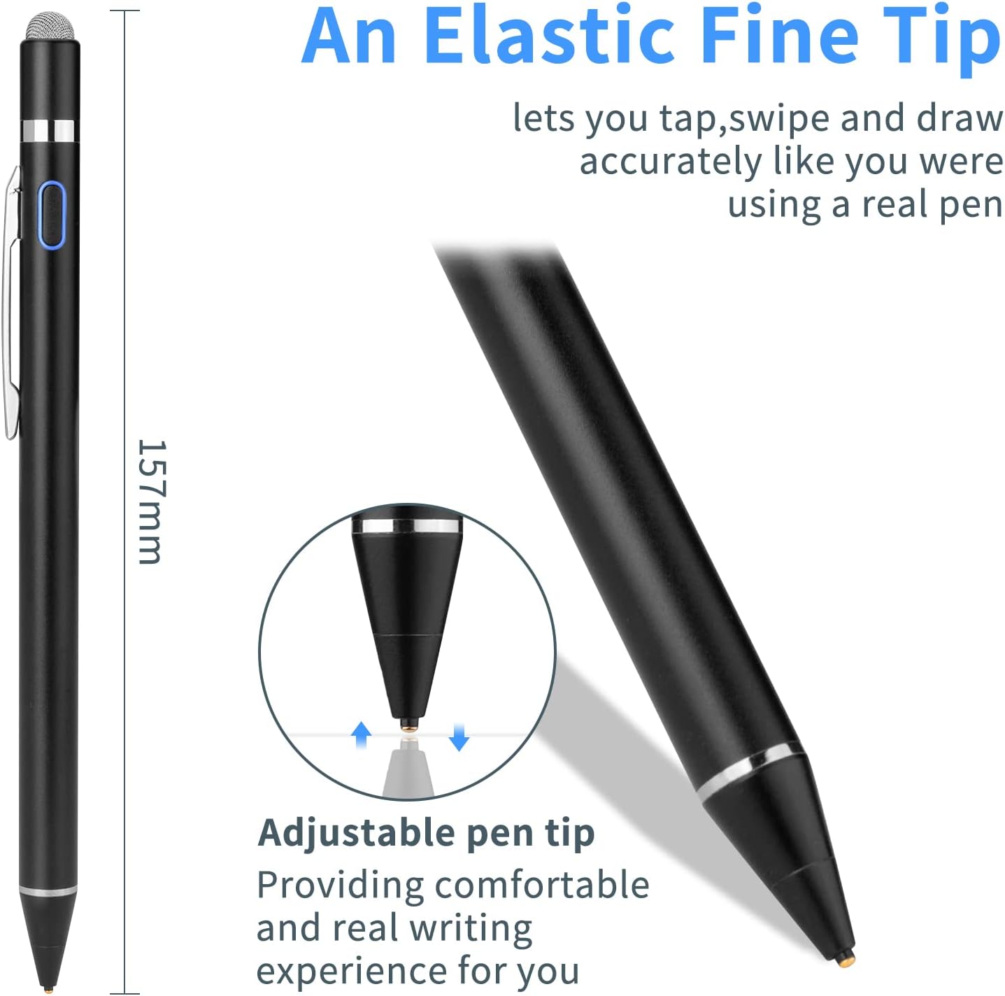 Active Stylus Digital Pen with Ultra Fine Tip Stylus for iPad iPhone Samsung Tablets, Compatible with Apple Pen,Stylus Pen for iPad Pro, Black