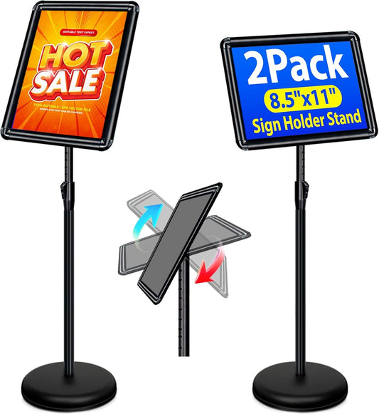 2-Pack 8.5x11 Inch Adjustable Sign Stand & Floor Standing Sign Holder - Pedestal Poster Stand with Vertical & Horizontal View Display for Indoor/Outdoor Business & Store Signage (Black)