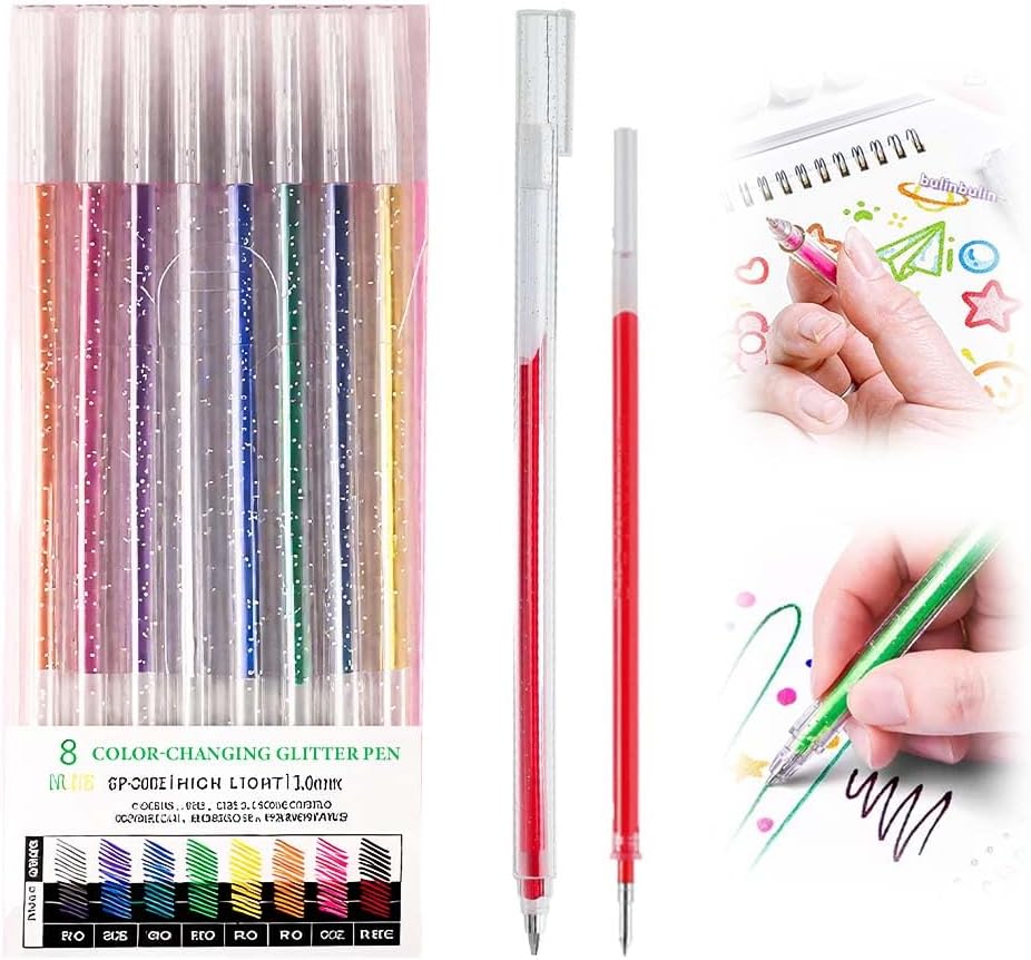 Glitter Gel Ink Pens, 2025 New Sparkle Metallic Dual Tone Iridescent Gel Pen Set for Coloring, with Replacement Pen Core, Paint Markers Sparkly Pens for Kids Adult Office Back to School Supplies (8)