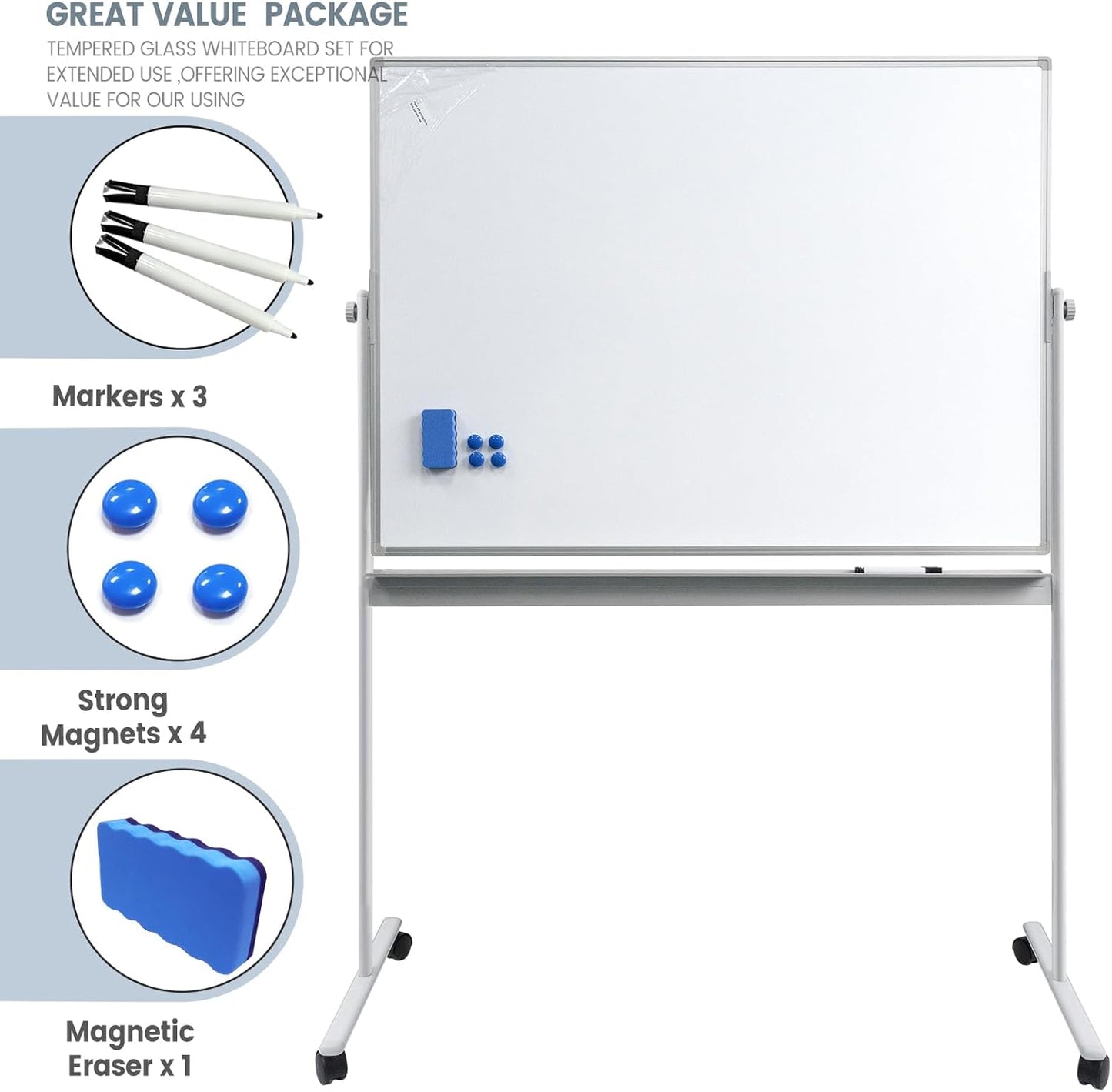Rolling Whiteboard Magnetic Writeboard 48"x36" Flip Chart with 4 Wheels 2-in-1 Easel-Style Dry Erase Boards 2-in-1 Message Bulletin Board (White)