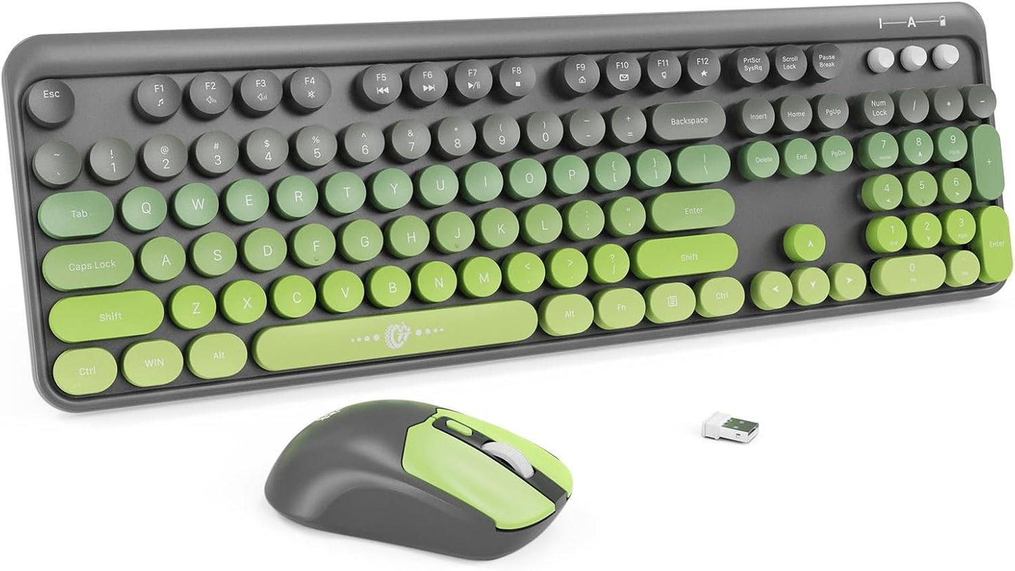 FD Wireless Keyboard and Mouse Combo | Cute Colorful Keyboard and Mouse with 2.4GHz Cordless Retro Typewriter Keyboard | Auto-Sleep | USB Receiver for Windows PC/Laptop - Grey Green Gradient