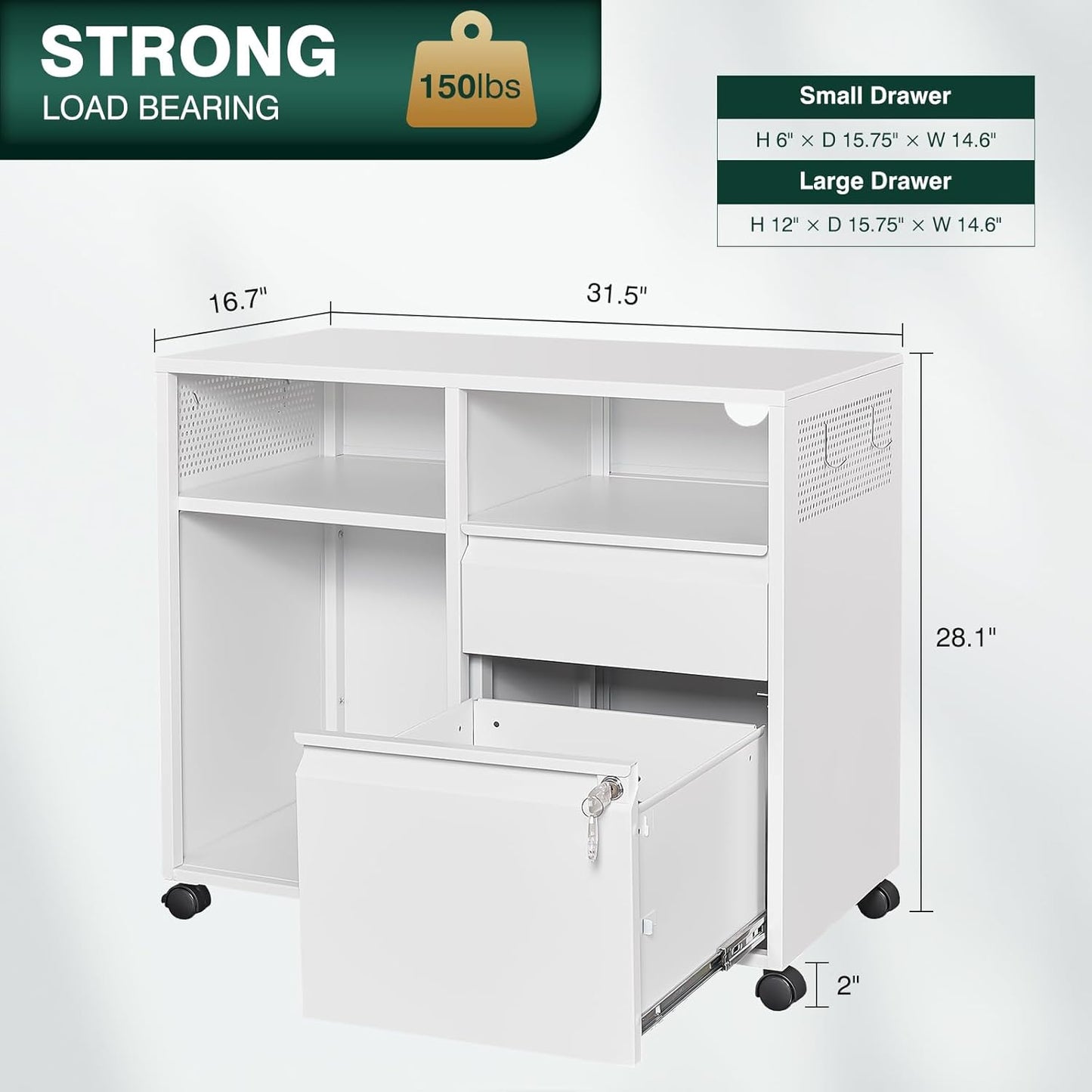 Metal File Cabinet,Lateral Filing Cabinet with Lock for Letter/A4 Size Files,Rolling Printer Stand with Open Storage Shelves for Home Office(White)