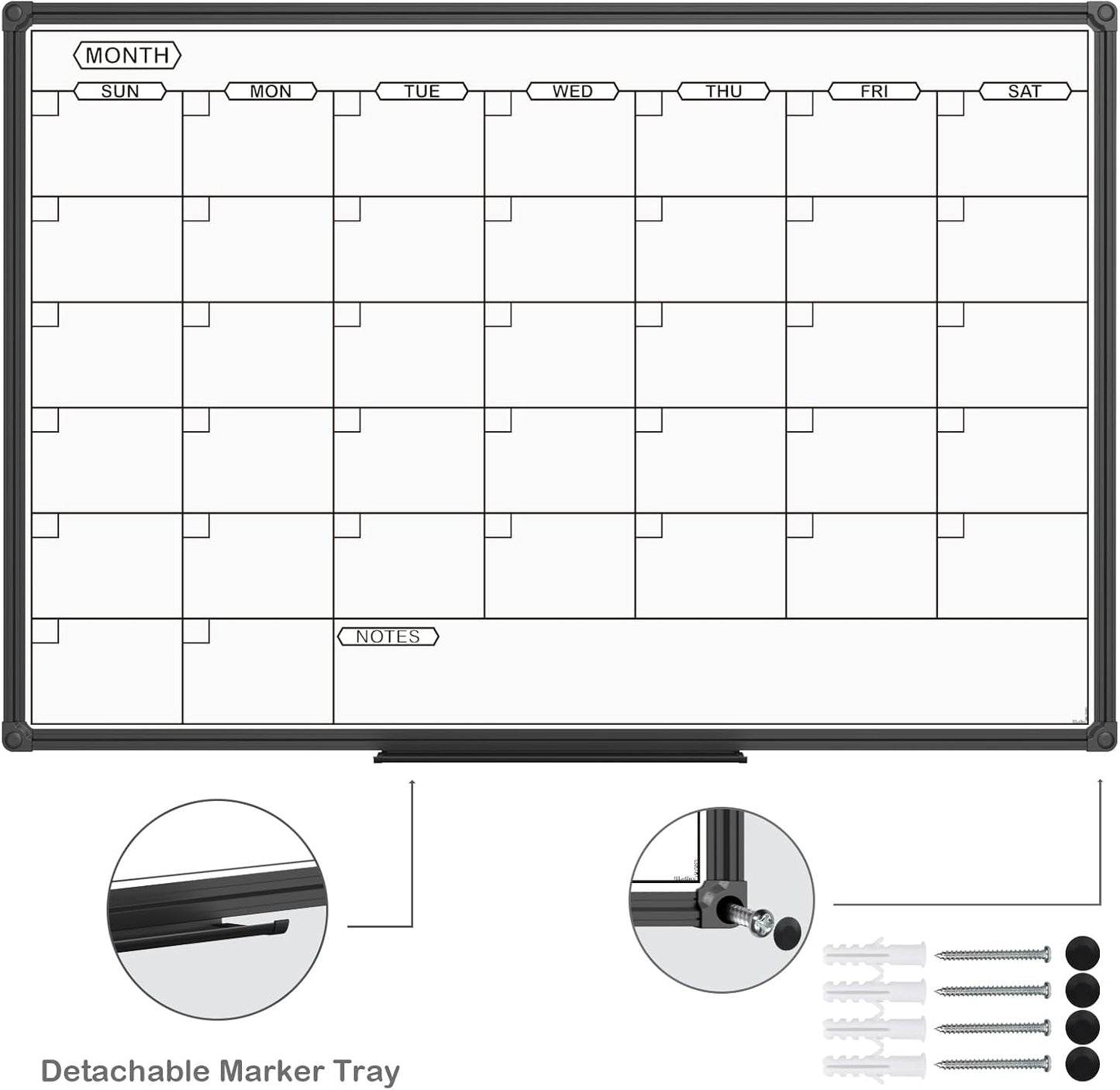 JILoffice Dry Erase Calendar Whiteboard - Magnetic White Board Calendar Monthly 36 X 24 Inch, Black Aluminum Frame Wall Mounted Board for Office Home and School