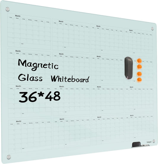 Magnetic Glass Dry Erase Board Calendar- White Board 48 x 36 Inch Wall Mounted Yearly Whiteboard, Large Frameless Glass White Board for Wall Office, Home & School
