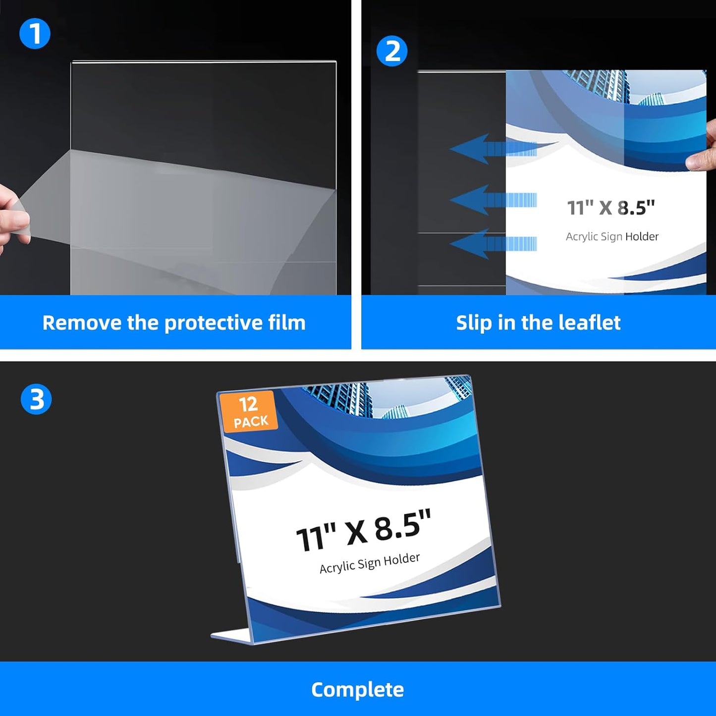 6 Pack L Shape Slanted Back 11x8.5 Plastic Sign Holders with Anti-Slip Pads, Business & Store Acrylic Tabletop Display Stand for Flyers, Menus, Documents, Price, Promotions, Wedding, Party Decoration