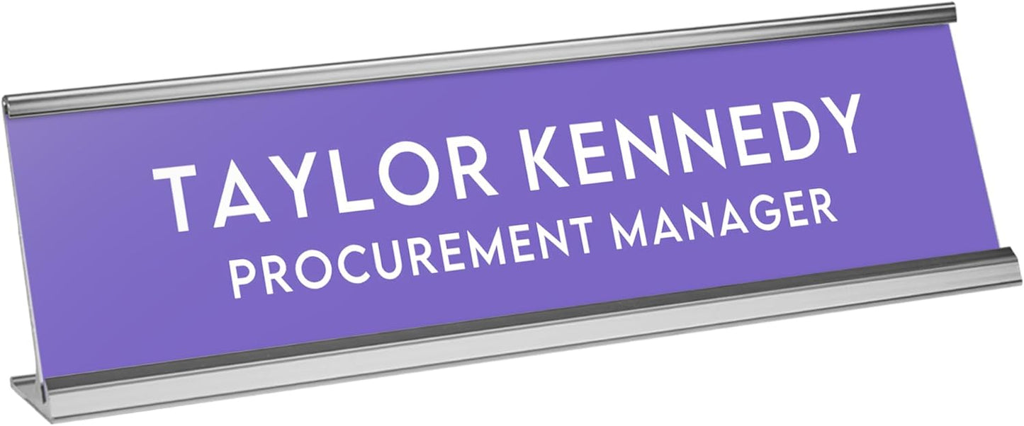 Custom Engraved Desk Plate | Personalized with your Name and Title | Perfect Decor for Office, Business, or Home | Multiple Font and Color Options | 2x8" or 2x10" (Purple w/White Letters, 2x10")
