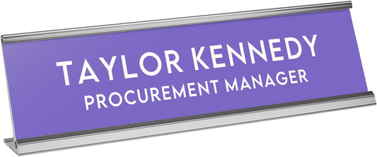Custom Engraved Desk Plate | Personalized with your Name and Title | Perfect Decor for Office, Business, or Home | Multiple Font and Color Options | 2x8" or 2x10" (Purple w/White Letters, 2x10")