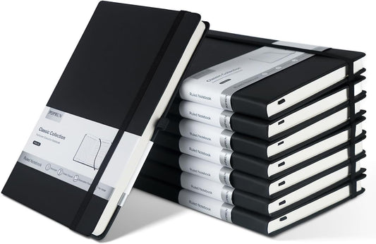 POPRUN 8 Pack Black Lined Journal Notebooks, Waterproof PU Leather Hardcover, A5 Classic College Ruled Journals for Writing, Business Work, School Note Taking, 5.5 x 8.3 inch, 240 Pages Notepad