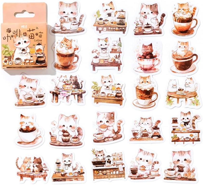 46 Pcs Small Coffee Cat Stickers for Scrapbooking Diary Laptop Junk Journal Notebook Kids Envelope Card Making Diary Planner Craft DIY Craft Decoration, 23 Patterns