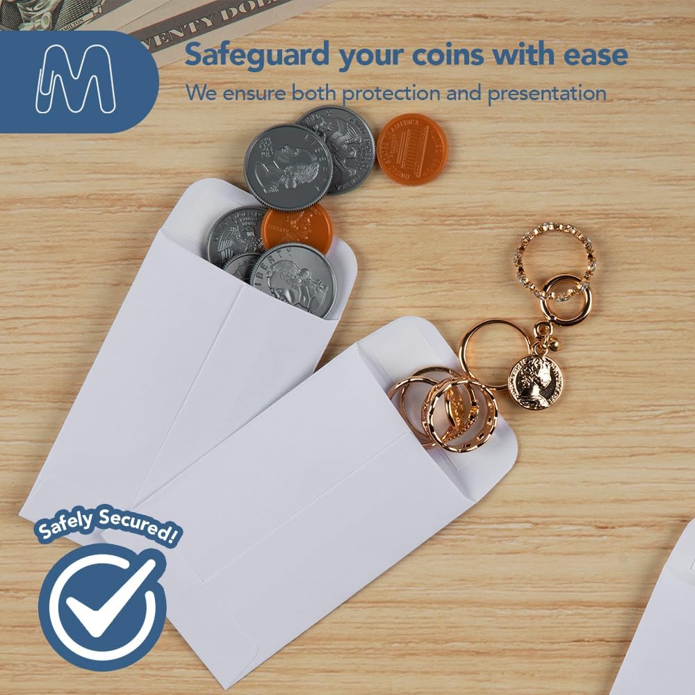 MOS #1 White Coin Envelopes 2.25 x 3.5 Inch 120 Pack — Self-Seal Small Envelopes for Coins, Seeds, Small Parts, Collectibles, Jewelry, Craft Storage
