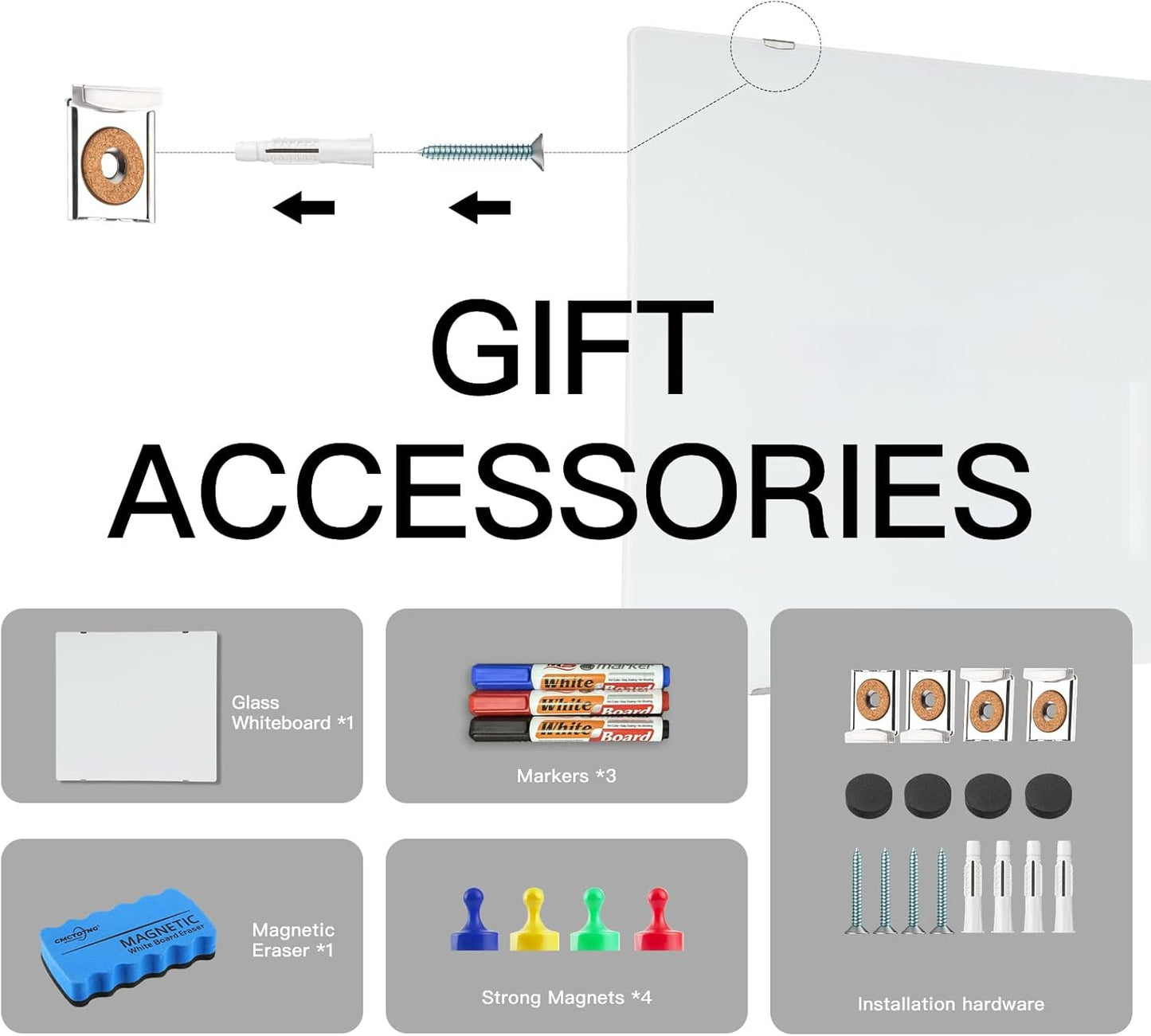 Wall-Mounted Magnetic Tempered Glass White Board Frameless Dry Erase Board Wall Mounted Ideal for Office Classroom School Kitchen and Home，Durable Whiteboard Frameless (24''X18'')
