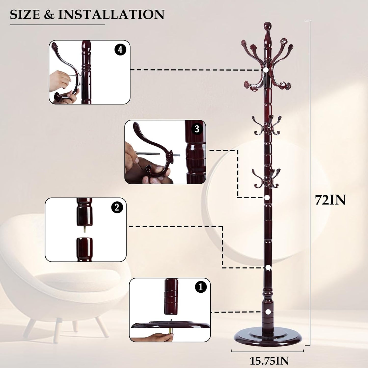 Wood Coat Rack Freestanding, Natural Coats Tree Stand with 14 Hooks, 73" Sturdy and Easy Assembly Coat Rack Stand for Entryway, Hallway, Bedroom, Bags, Hats (Heavy-duty Disc Base, Lucky Curve)