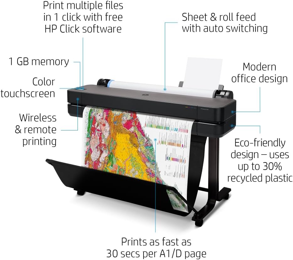 HP DesignJet T630 Large Format 36-inch Plotter Printer, with Auto Sheet Feeder, Media Bin & Stand (5HB11D) - New Model