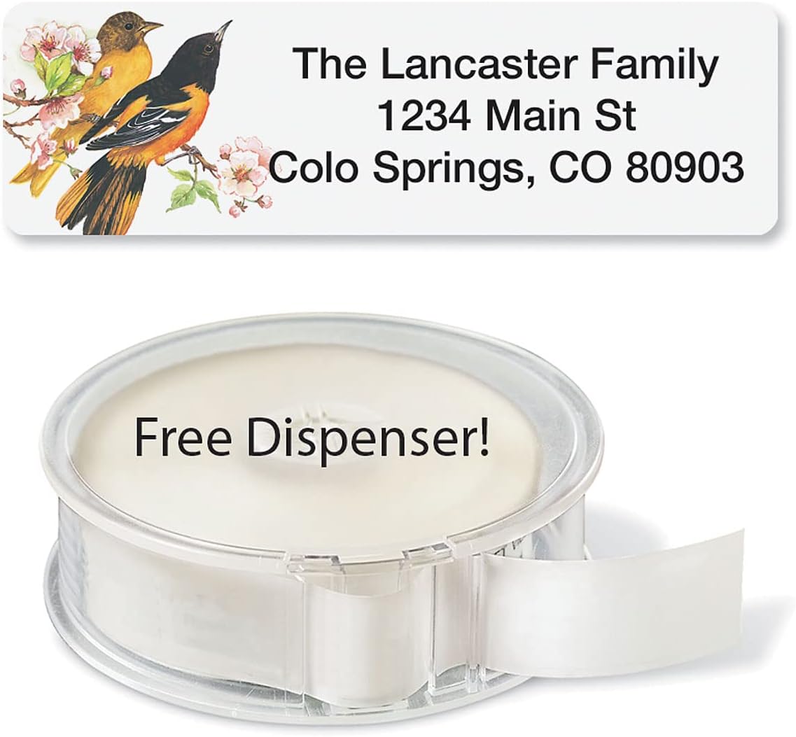 Meadow Birds Rolled Personalized Return Address Mailing Labels with Dispenser, Set of 250, 5 Designs, Small ¾ x 2½ Inch Size, Custom Self-Adhesive Sticker Roll, by Colorful Images