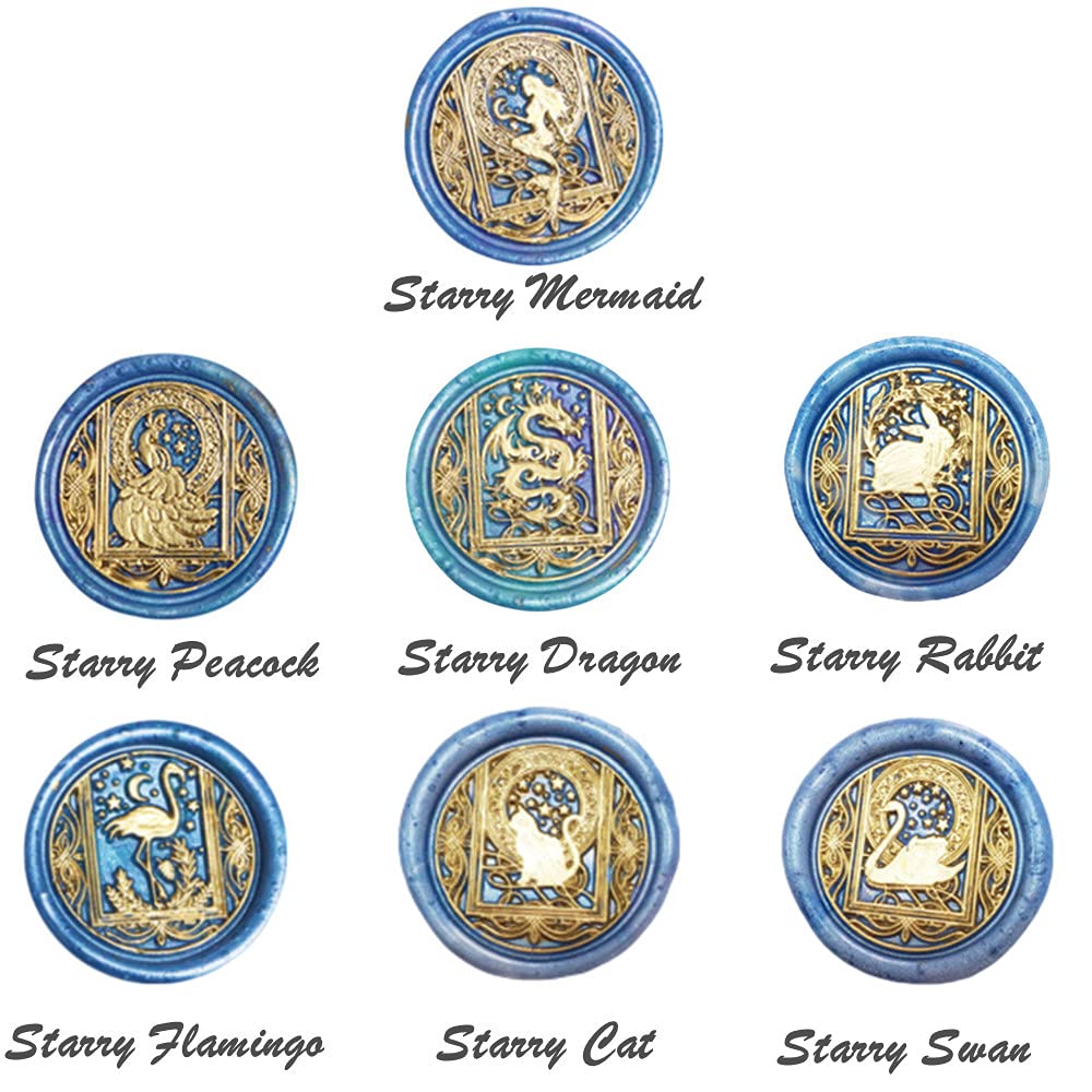 Wax Seal Stamp kit, ANBOSE Starry Animal Wax Seal Stamp Set with 7 PCS Removable Brass Heads and 1 Wooden Handle, Retro Vintage Mermaid Peacock Dragon Rabbit Flamingo Cat Swan Sealing Wax Stamp
