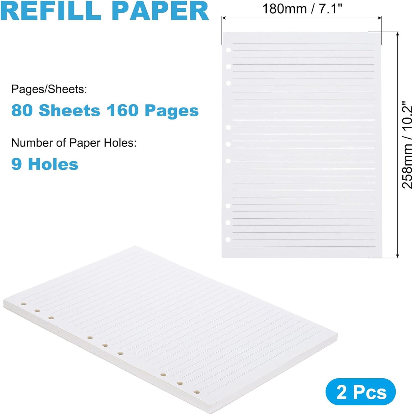 PATIKIL B5 Ruled Refills Inserts 9-Ring Binder Loose Leaf Planner Filler Paper Planner Inserts, 160 Sheets/320 Pages, Lined, White