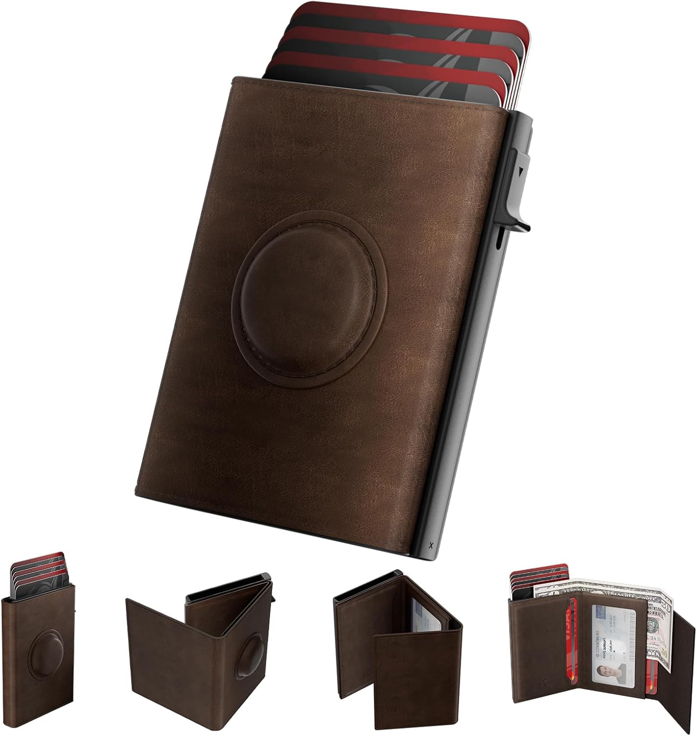 Mens Wallet with AirTag Holder: Smart Wallet Compatible with Apple AirTag, Pop Up Card Case, Top Grain Leather, RFID Blocking, Slim, Minimalist, 9-14 Card Capacity | ID Window | Cash Slot (Brown)
