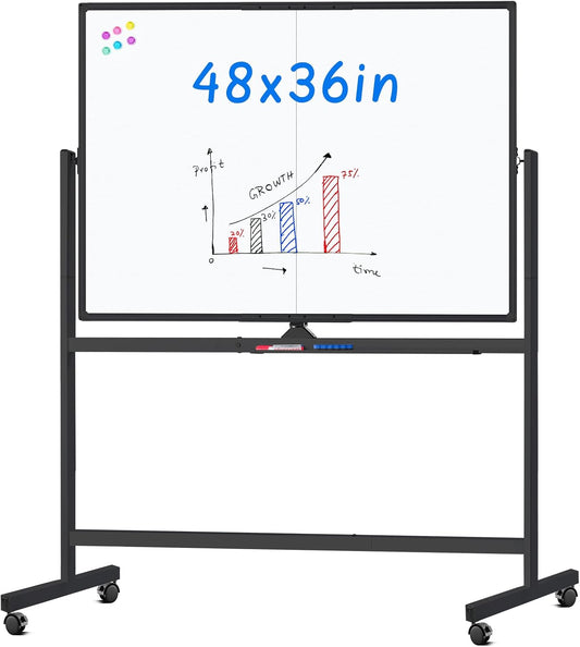maxtek Rolling Whiteboard, 48x36 Large Magnetic White Board with Stands, Big Double-Sided White Board Dry Erase on Wheels for Homeschool, Home Office, Office, School (Black, 48 x 36)