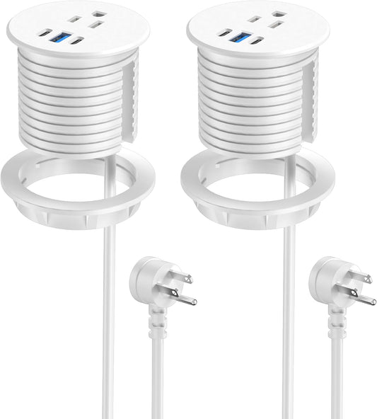 2.5 inch Power Grommet,20W USB-C Charging,1 Outlet with 2 USB C,1 USB Port,Furniture Flush Mount for Desktop,Recessed Power Strip,Workspace Essential Desk Outlet,2PCS (White, 2 PCS-6FT Cord)