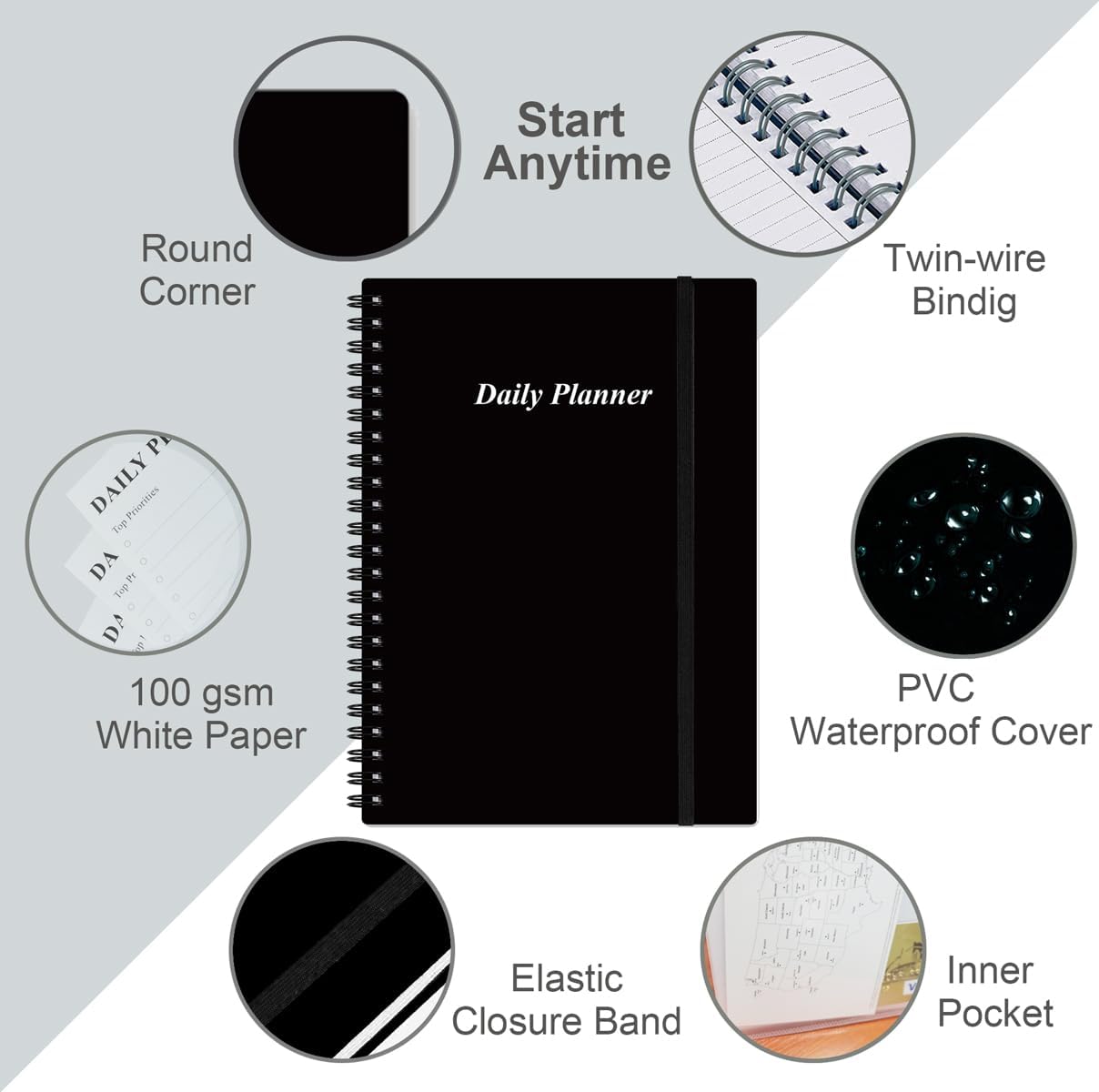 Daily Planner Undated - B5 To Do List Notebook Hourly Schedules, Spiral Appointment Planner for Women and Men, PVC Hardcover, Inner Pocket, Elastic Closure, 7" x 10", Black