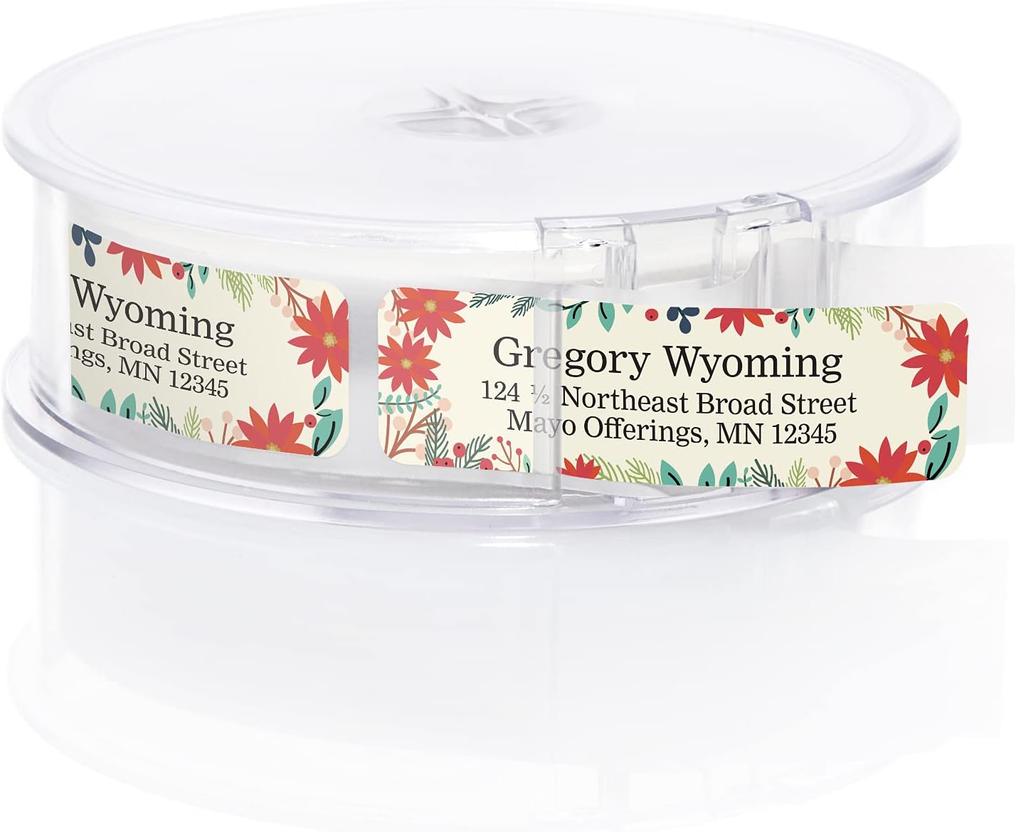 Ivory Holiday Floral Rolled Address Labels/Roll of 250 Personalized Return Address Labels/Designer Return Address Stickers in Elegant Plastic Dispenser